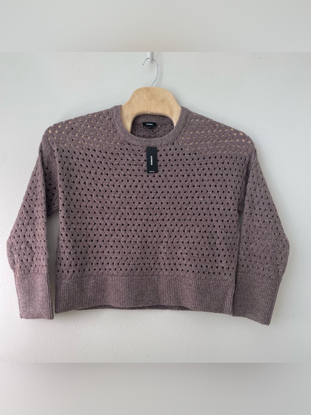 NEW Express Cropped Sweater size L Open Stitch Crew Neck Plum Heather Whimsical
